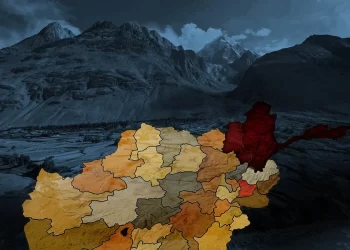 A shaded map highlights Badakhshan in Afghanistan's northeast against a backdrop of the region's rugged mountains. (Photo credit: Wikipedia)