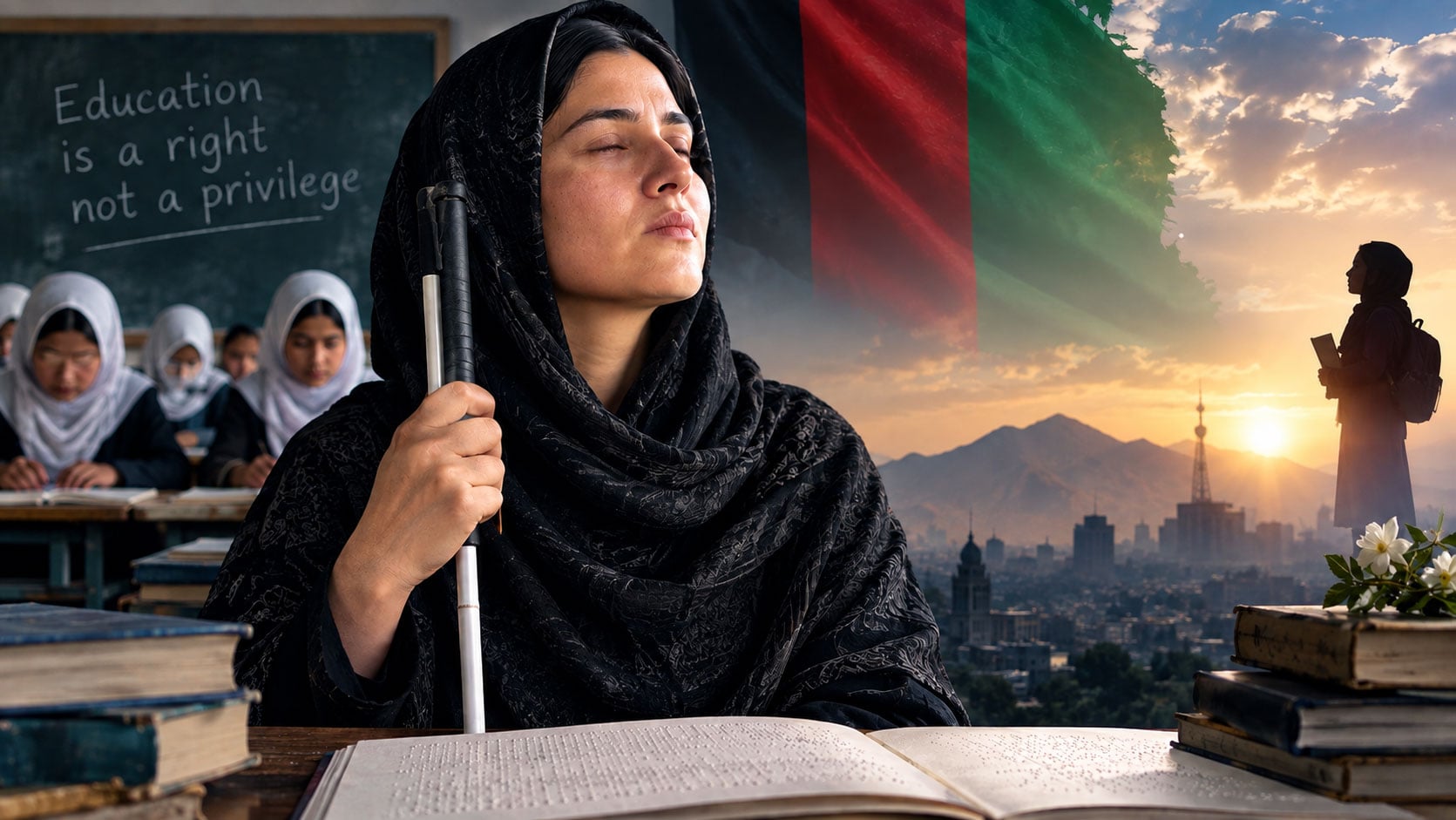 A blind female teacher in Afghanistan holds her cane and braille book as girls study behind her, following the Taliban's ban on education for blind girls over 12. (Photo credit: AI)