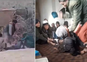 A split image from two videos shows a man beating a child held down inside a religious school, alongside another child being beaten outdoors as others sit nearby. (Photo credit: Social Media)