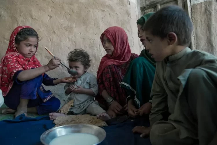 Children share a meal of bread and milk in Kabul as families across Afghanistan struggle with rising malnutrition. (Photo credit: UNICEF)