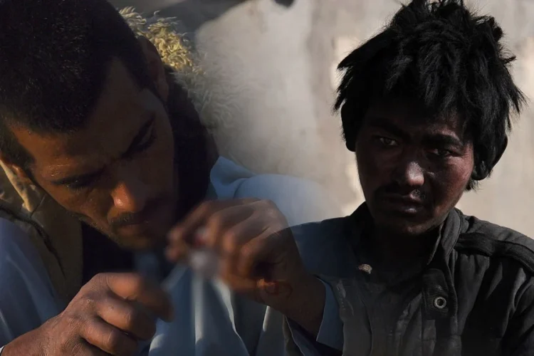 Two young men are seen in a composite image, one handling a small bag of drugs, as teenagers fall into addiction amid easy access to narcotics. (Photo Credit: AFP)