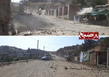 A stretch of unpaved, dust-covered road in Faizabad's Dasht-e Shuhada area shows the stalled construction project residents say has left them without a finished road. (Photo credit: 8am.media)