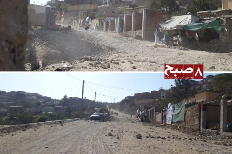 A stretch of unpaved, dust-covered road in Faizabad's Dasht-e Shuhada area shows the stalled construction project residents say has left them without a finished road. (Photo credit: 8am.media)