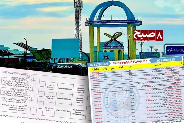 A recruitment notice for aid organizations in Helmand is overlaid on a photo of a city landmark, amid reports that educated women are increasingly hard to find for jobs. (Photo credit: 8am.media)