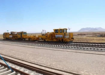 Railway construction machinery operates on the Herat-Khaf railway line in western Afghanistan. (Photo credit: @bnadari1)