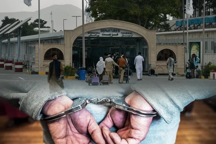 A man in handcuffs is pictured against the backdrop of Kabul's international airport departures terminal, as returnees face arrest over alleged criticism of the Taliban. (Photo credit: AFP + Pexels)