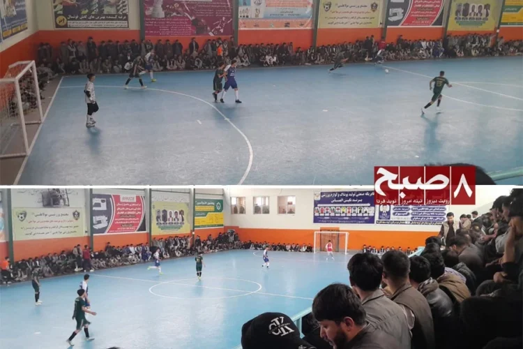 Spectators pack an indoor sports hall in Kabul as young players compete in a futsal match amid a shortage of sports facilities. (Photo credit: 8am.media)