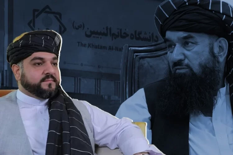 A university official is seen alongside a senior Taliban figure against the backdrop of the Khatam al-Nabieen University building, following the closure of the university. (Photo credit: Social Media)