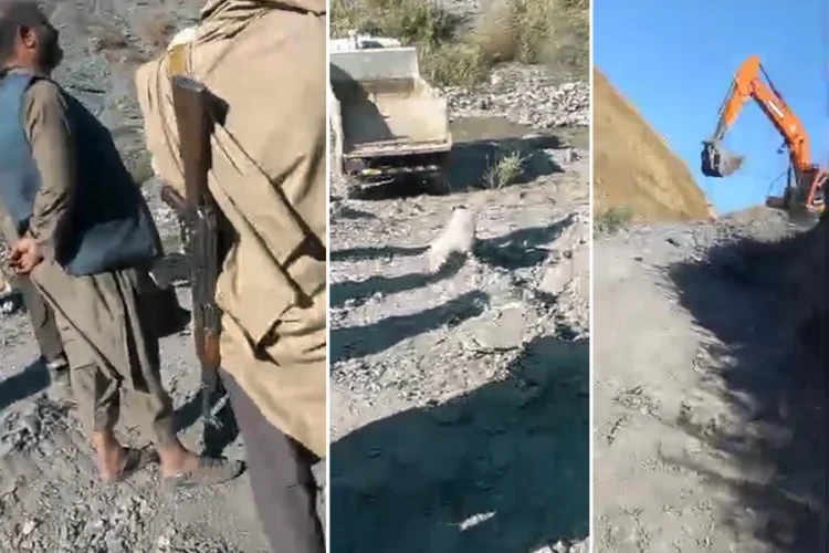 Armed men stand at a mining site in Badakhshan's Khwahan District as an excavator digs nearby amid complaints of land seizure and extortion. (Photo Credit: Social Media)