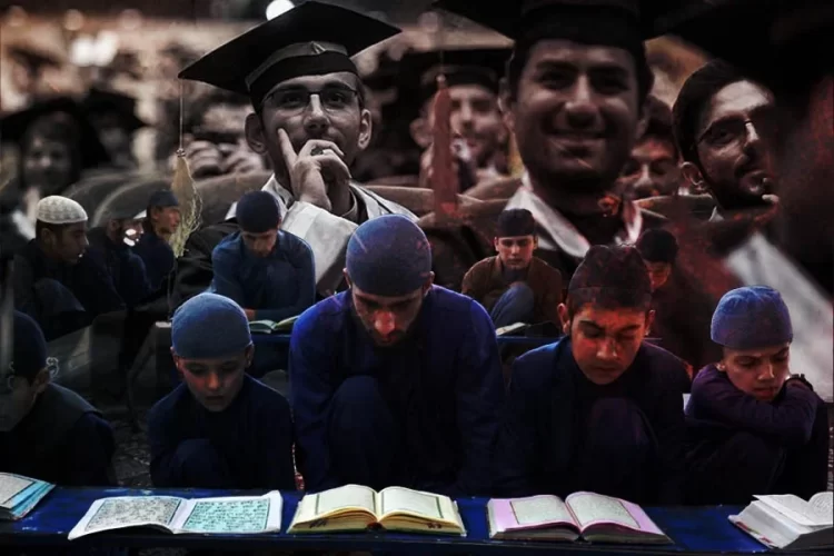 Young Afghan students in blue attire study religious texts at a madrasa, symbolizing the Taliban's push to replace India-educated technocrats with seminary-trained cadres. (Photo credit: Foad Ashtari + Reuters)