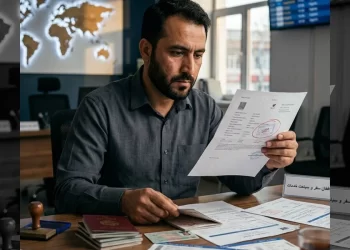 A man reviews visa and travel documents at a travel and tourism services office amid growing fraud complaints against such companies. (Photo credit: AI)