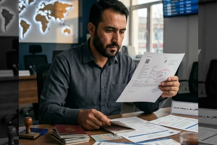 A man reviews visa and travel documents at a travel and tourism services office amid growing fraud complaints against such companies. (Photo credit: AI)