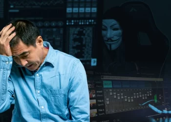 A distressed man holds his head as a masked hacker and audio-editing software loom in the background, symbolizing the rise of AI-driven online scams. (Photo credit: Pexels)