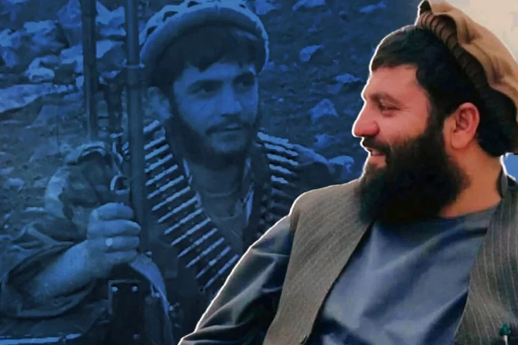 Mullah Hafiz, the Taliban governor of Farah, seen smiling beside an old photo of him as a young fighter in Badakhshan. (Photo credit: Social Media)
