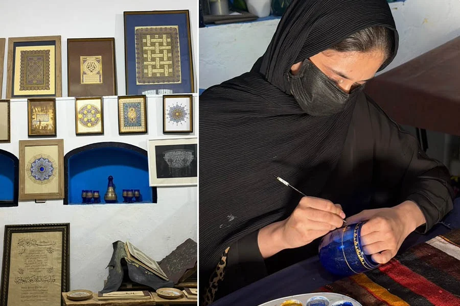 A woman paints traditional patterns on glassware at Naiko Arts, an institute teaching art skills to girls in Herat. (Photo credit: Exclusive)