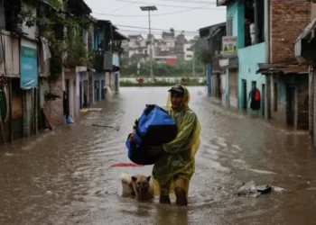 A man wades through floodwaters with his dog and a bag in Nepal (Photo: Reuters)