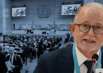 UN Special Rapporteur Richard Bennett speaks at the Human Rights Council session in Geneva, where he presented his report on Taliban restrictions on women's rights. (Photo credit: OHCHR + AFP)