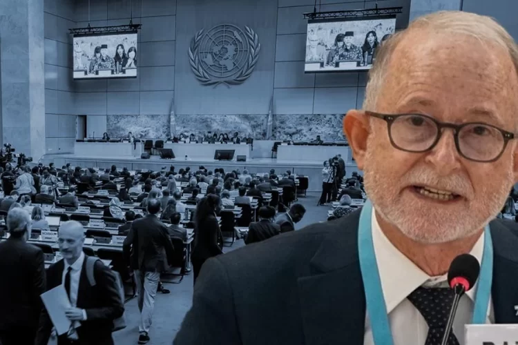 UN Special Rapporteur Richard Bennett speaks at the Human Rights Council session in Geneva, where he presented his report on Taliban restrictions on women's rights. (Photo credit: OHCHR + AFP)