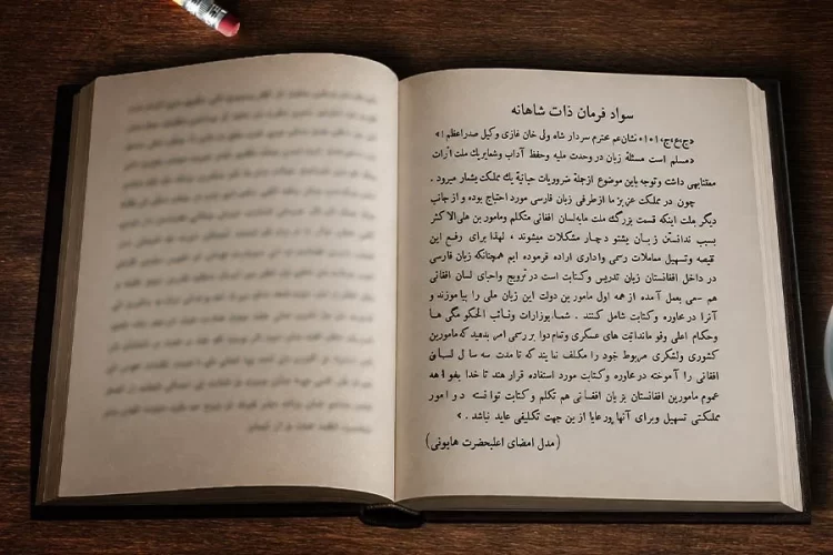 A historical book displays the text of King Zahir Shah's royal decree on Afghanistan's national language, requiring officials to learn Pashto within three years. (Photo credit: Social Media + FreePik)