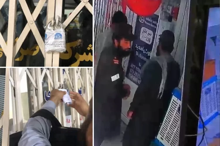 Taliban fighters seal money changers' shops with locks and stickers at Kefayat Market in Mazar-e-Sharif. (Photo credit: Exclusive)