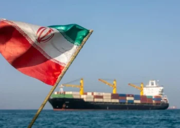 A cargo ship carrying containers sails through the Strait of Hormuz, with the Iranian flag in the foreground (Photo: Fox News)
