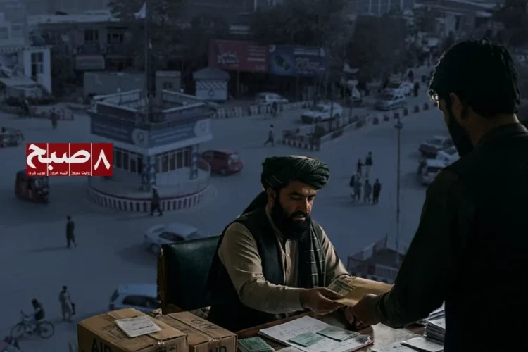 A Taliban official hands cash to a man at a desk stacked with aid boxes and documents in Kunduz. (Photo credit: 8am.media + AI)