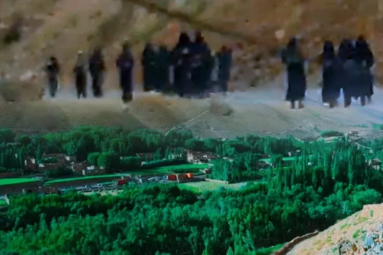Taliban fighters patrol a hillside path overlooking a green valley in Paryan district, Panjshir province, where schoolgirls say they face daily harassment at checkpoints. (Photo credit: Exclusive + Social Media)