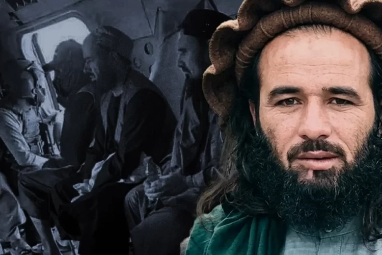 A Taliban commander is pictured against an archival image of fighters riding in a helicopter, as the group cracks down on forces once loyal to Jumakhan Fateh. (Photo credit: social media)