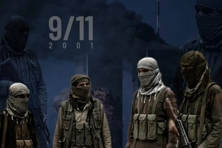 Masked militants stand before a smoke-filled backdrop marking the 25th anniversary of the September 11 attacks. (Photo credit: Reuters + AI)