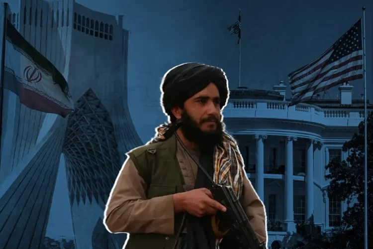 A composite editorial image depicts a Taliban fighter against the backdrop of Iranian and American symbols, reflecting the deepening geopolitical rivalry over Afghanistan's role in regional power dynamics. (Photo Credit: Social Media)