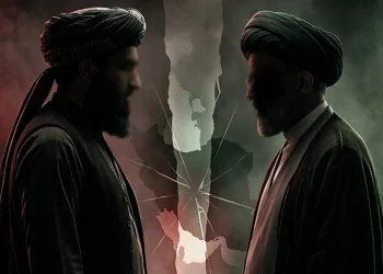 A turbaned man and an Iranian cleric face each other before a cracked map, reflecting Iran's dilemma over the Taliban and the Shia. (Photo credit: AI)