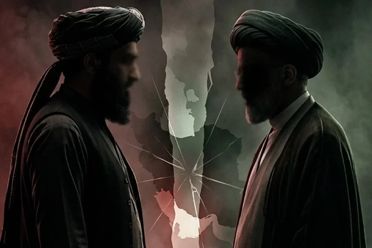 A turbaned man and an Iranian cleric face each other before a cracked map, reflecting Iran's dilemma over the Taliban and the Shia. (Photo credit: AI)