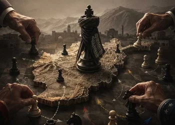 Hands move chess pieces across a war-torn map of Afghanistan, symbolizing the rival powers vying for influence over the Taliban. (Photo credit: AI)