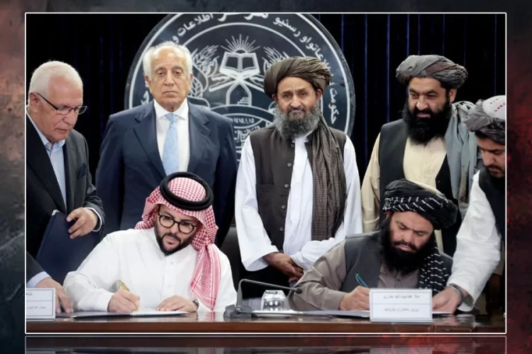 A Taliban minister and a Saudi company representative sign the Kashk–Tirpul oil and gas contract as officials look on. (Photo credit: Social Media)