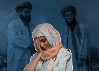 A distressed woman covers her face as Taliban Morality Police members loom in the background, representing the daily fear and isolation endured by working women across Afghanistan. (Photo credit: AFP + Pexels)