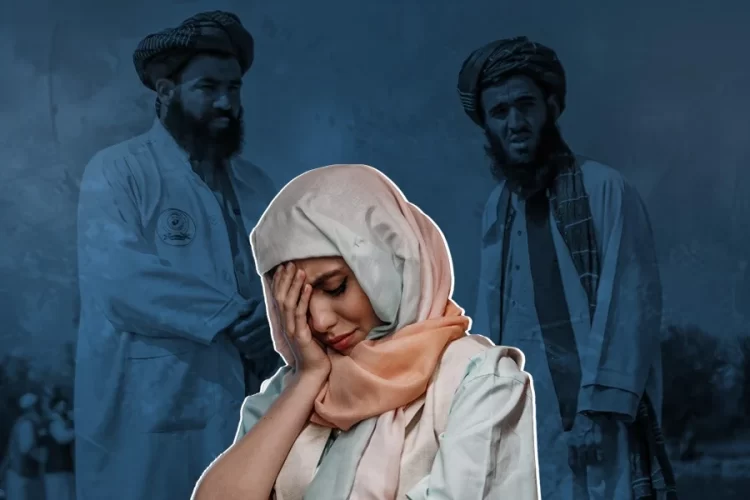 A distressed woman covers her face as Taliban Morality Police members loom in the background, representing the daily fear and isolation endured by working women across Afghanistan. (Photo credit: AFP + Pexels)