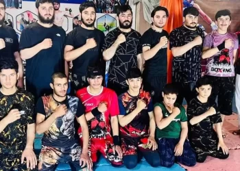 A futsal team poses for a group photo in Uruzgan amid Taliban restrictions on sportswear and athletic activities. (Photo credit: Exclusive)