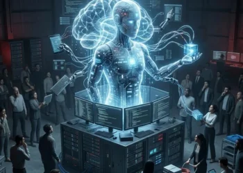 A glowing humanoid AI figure rises above a bank of servers as a crowd of engineers and onlookers watches inside a data center. (Photo credit: AI)