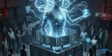 A glowing humanoid AI figure rises above a bank of servers as a crowd of engineers and onlookers watches inside a data center. (Photo credit: AI)