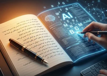 A hand holds a pen over a handwritten notebook beside a glowing AI screen, reflecting how artificial intelligence is reshaping authorship. (Photo credit: AI)