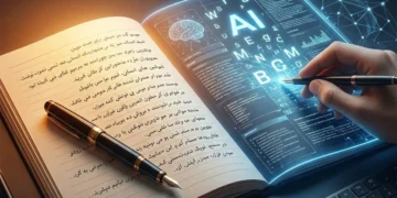 A hand holds a pen over a handwritten notebook beside a glowing AI screen, reflecting how artificial intelligence is reshaping authorship. (Photo credit: AI)