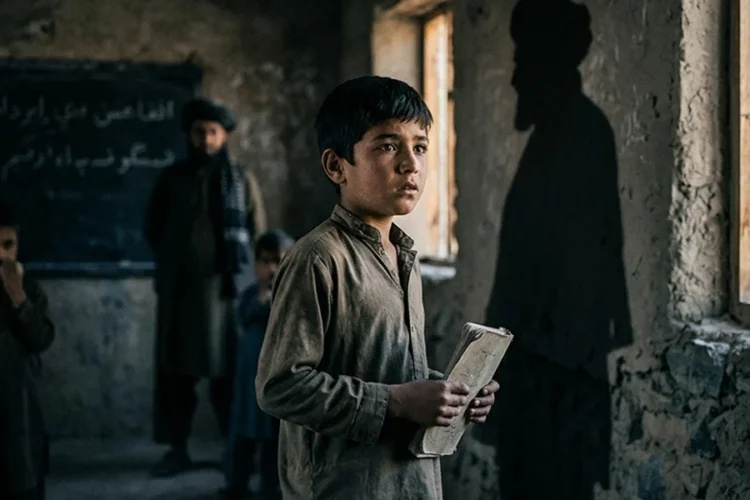 A boy holding a worn book stands in a dim classroom as a long shadow of a bearded man falls across the wall behind him. (Photo credit: AI)