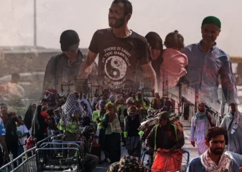 A composite image shows a crowd of people pushing carts along a road, overlaid with portraits of men and a child, reflecting migration from Afghanistan. (Photo credit: AFP)