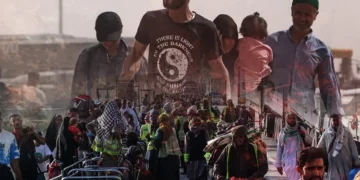 A composite image shows a crowd of people pushing carts along a road, overlaid with portraits of men and a child, reflecting migration from Afghanistan. (Photo credit: AFP)