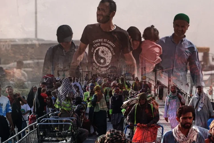 A composite image shows a crowd of people pushing carts along a road, overlaid with portraits of men and a child, reflecting migration from Afghanistan. (Photo credit: AFP)