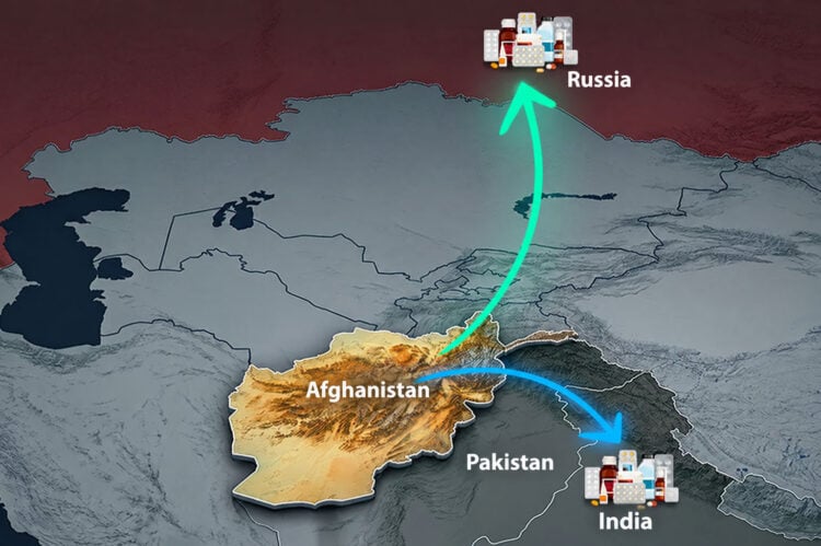 A map shows Afghanistan’s medicine supply routes shifting from Pakistan toward India and Russia. (Photo credit: Magnific)