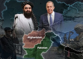 A collage of a turbaned man and a man in a suit over a map of Afghanistan and Pakistan, as Taliban ties with Russia deepen and the rift with Islamabad widens. (Photo credit: AP + AFP + Magnific)
