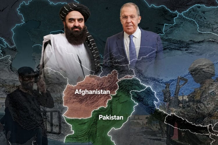 A collage of a turbaned man and a man in a suit over a map of Afghanistan and Pakistan, as Taliban ties with Russia deepen and the rift with Islamabad widens. (Photo credit: AP + AFP + Magnific)