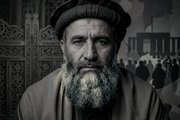 A bearded man in a woolen cap looks into the camera against a backdrop of carved wooden doors and silhouetted crowds amid the Taliban's beard mandate. (Photo credit: AI)