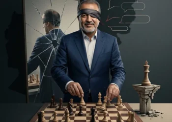 A blindfolded politician in a suit plays chess beside a shattered mirror and a crumbling pillar, symbolizing short-sighted political strategy. (Photo credit: AI)